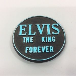 Vintage Button Pin Elvis The King Forever Black Blue Safety Pin Closure